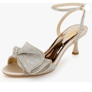 Milooey shoes Womens Glitter Rhinestone Bow Heeled Sandal Kitten Heels Gold Shoe